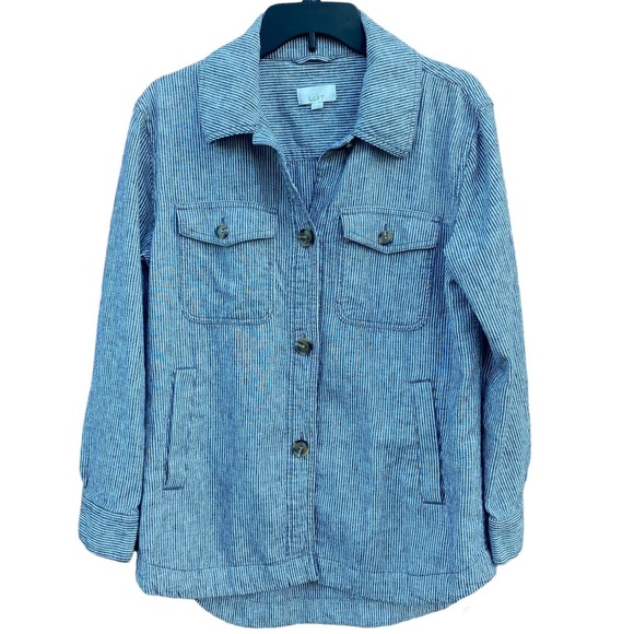 Loft Railroad Stripe Linen Blend Shirt Jacket Gray and White Size Small - Picture 3 of 13